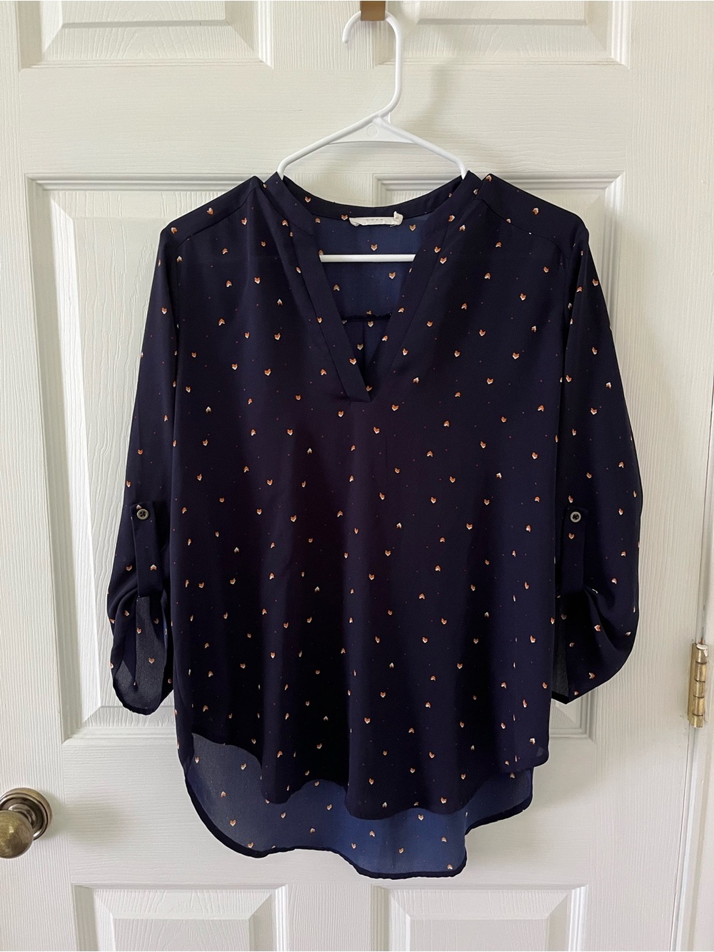Lush Navy V-Neck Blouse with Scattered Print